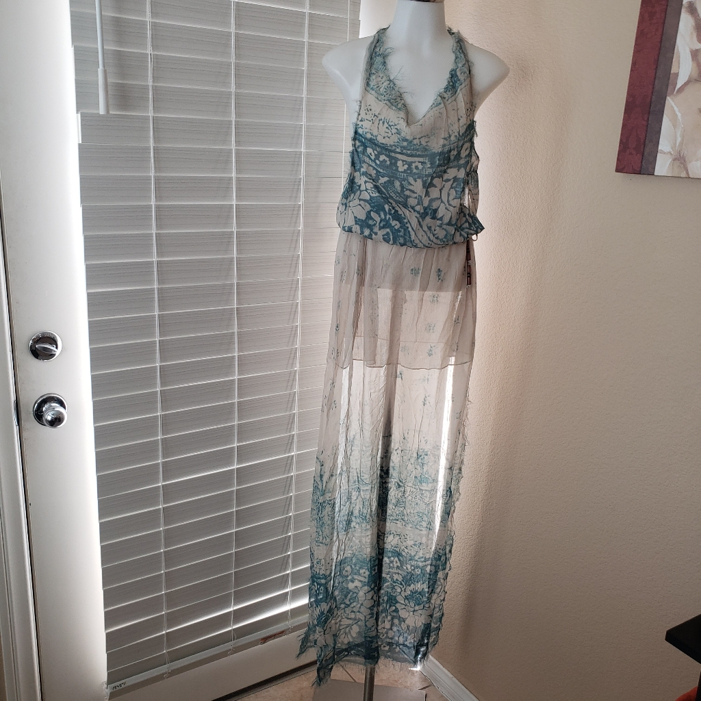 Chaser Sheer Silk Chiffon Halter Drape Back Maxi Dress Swim Beach Coverup Medium